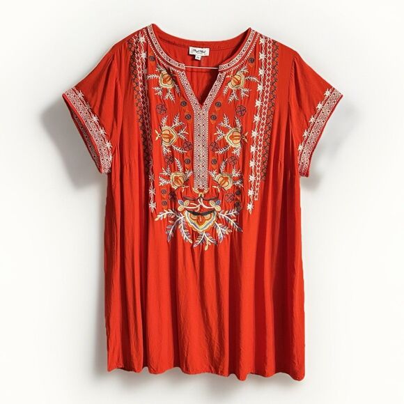 Angel Heart Boutique Red Tunic Top Multicolored Embroidered Floral Print 2XL - Picture 1 of 9